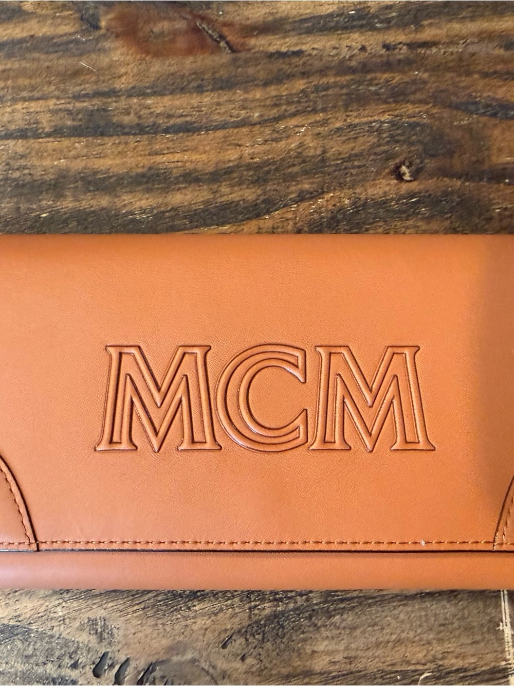 MCM Tan Leather Zip Wallet with Embossed Logo